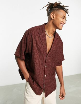ASOS DESIGN boxy oversized shirt in brown cotton jacquard - ASOS Price Checker