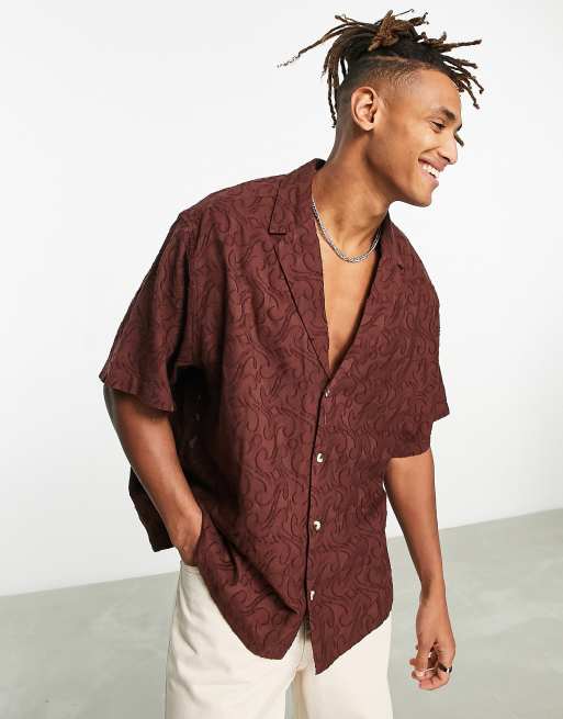 ASOS Design Oversized Rib Jersey Shirt with Half Sleeve in Brown