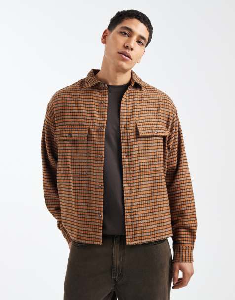 ASOS DESIGN boxy oversized shirt in brown micro check - view 1