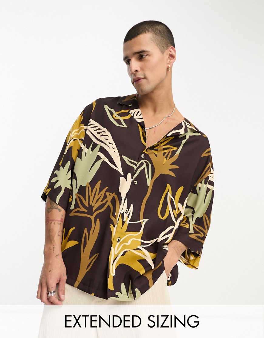 ASOS DESIGN boxy oversized shirt in brown scribble floral print