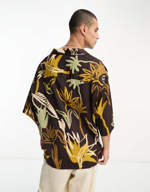 ASOS DESIGN boxy oversized shirt in brown scribble floral print