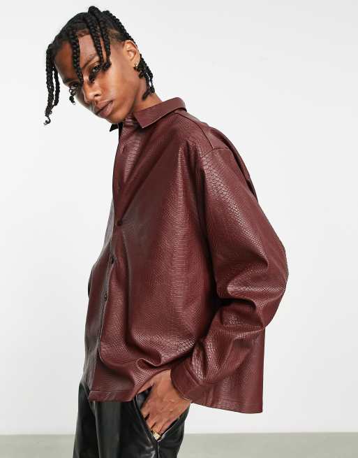 ASOS DESIGN boxy oversized shirt in burgundy leather look croc