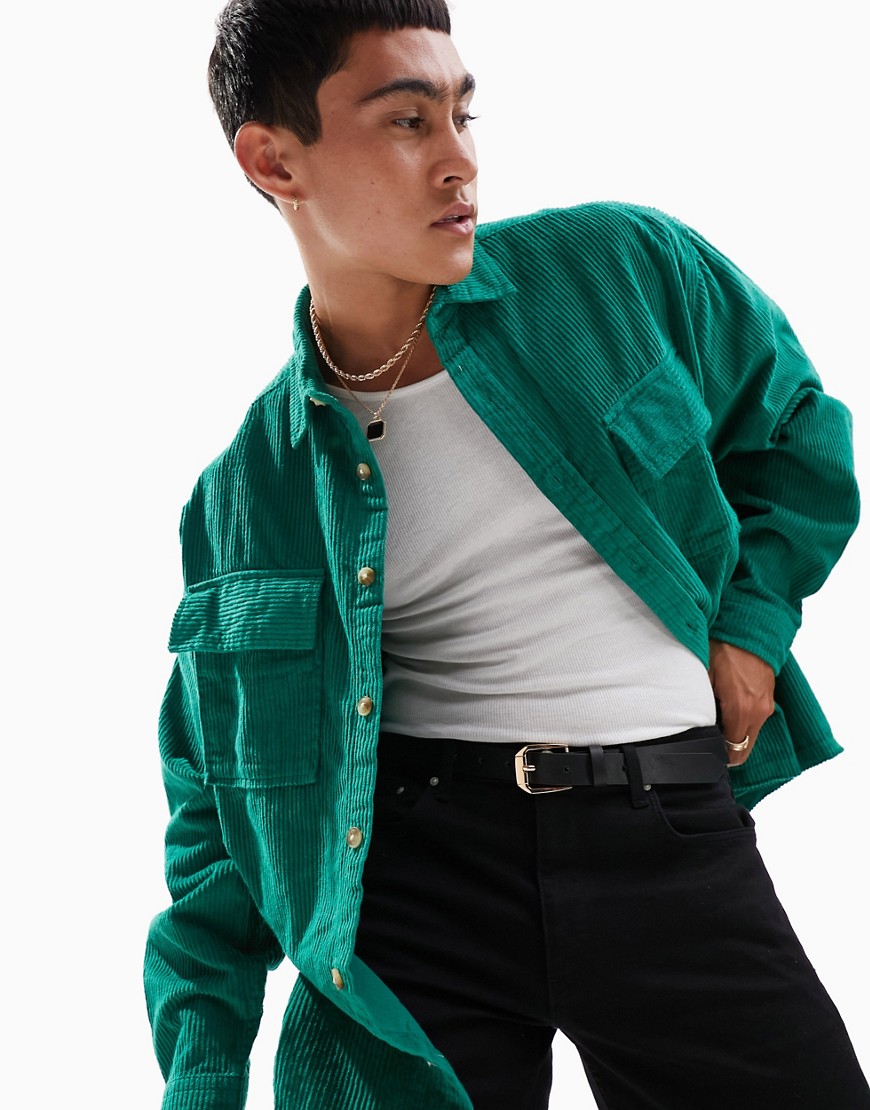 ASOS DESIGN boxy oversized shirt in chunky cord-Green