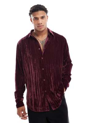 ASOS DESIGN ASOS DESIGN boxy oversized shirt in crinkle velvet in burgundy-Red