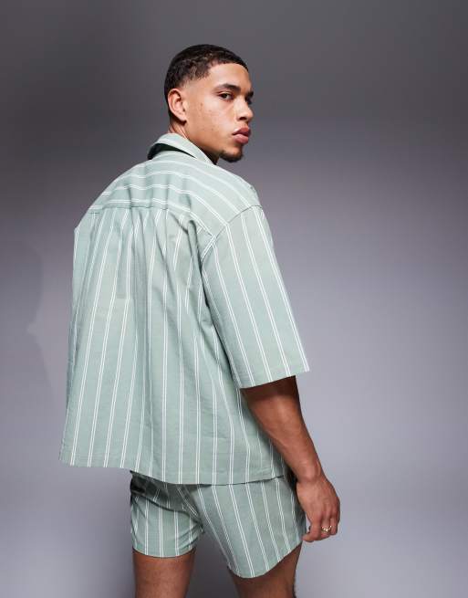 ASOS DESIGN boxy oversized shirt in green stripe (part of a set), 4 of 4