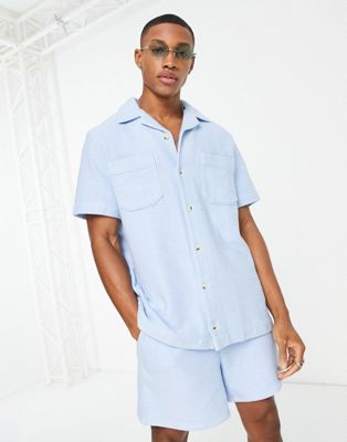 Asos Design Boxy Oversized Shirt In Heavy Cotton Twill - Part Of A Set-blue