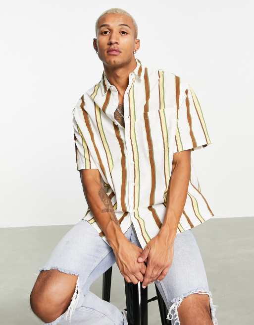 Asos Design Boxy Oversized Shirt In Linen Look Ecru And Brown Stripe Asos 9567