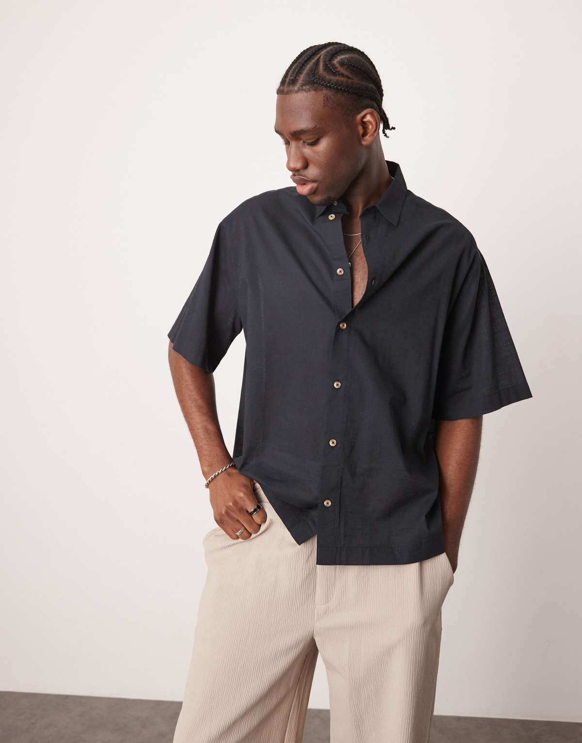 ASOS DESIGN boxy oversized shirt in linen look in black