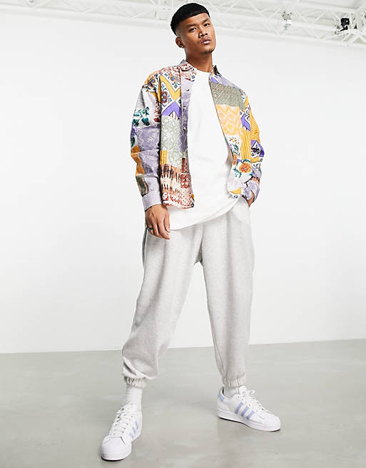 ASOS DESIGN boxy oversized shirt in linen mix with crochet patchwork print