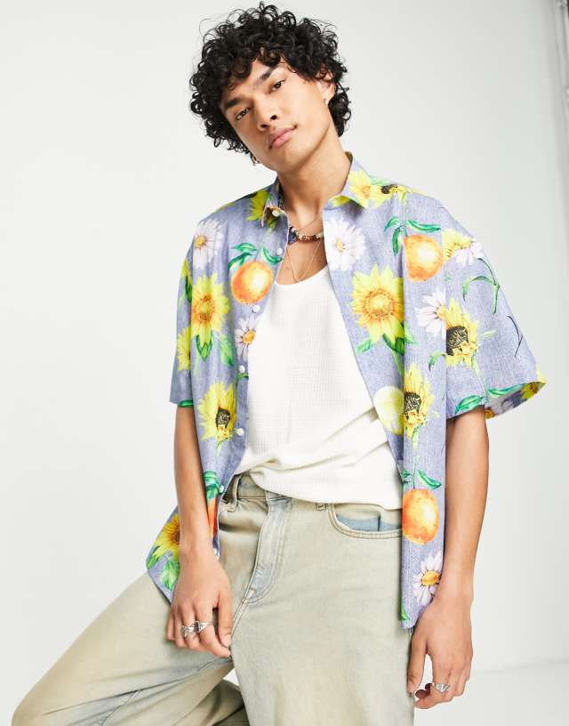 ASOS DESIGN boxy oversized shirt in linen mix with fruit print