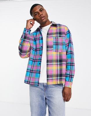 ASOS DESIGN boxy oversized shirt in multi colour patchwork check