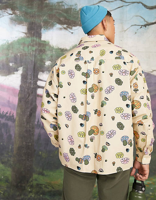  boxy oversized shirt in naive cartoon mushroom print 