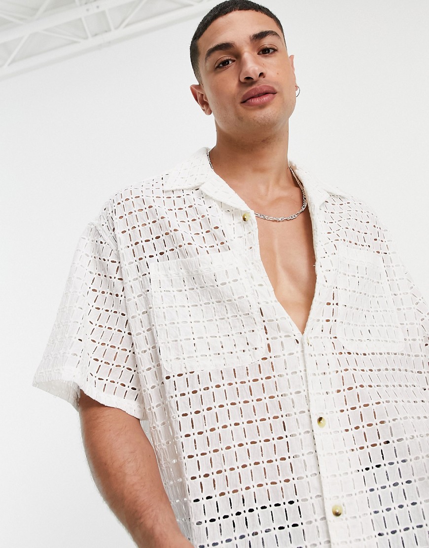 ASOS DESIGN boxy oversized shirt in natural lace in ecru-Neutral