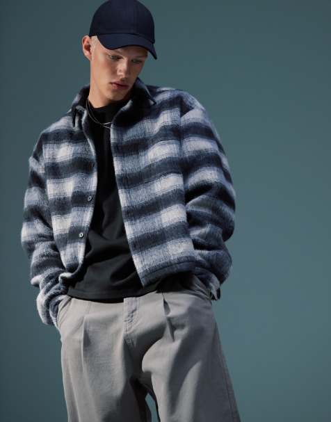 ASOS DESIGN boxy oversized shirt in navy brushed check - view 1
