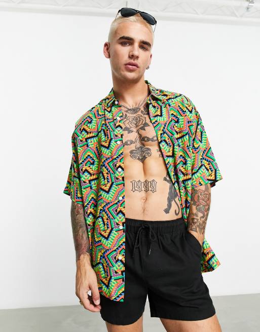 ASOS DESIGN boxy oversized shirt in neon pattern print | ASOS