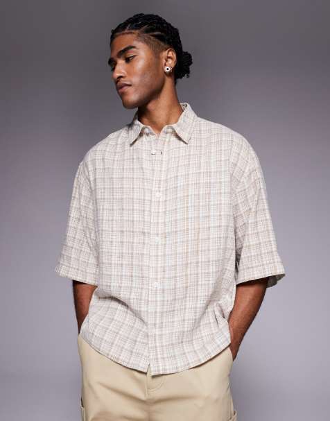 ASOS DESIGN boxy oversized shirt in neutral check - view 1