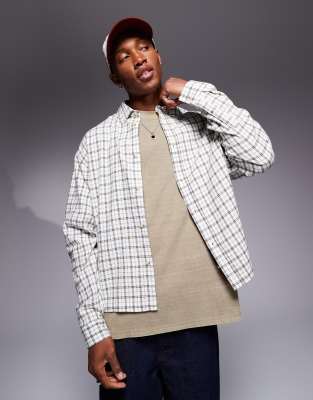 Asos Design Boxy Oversized Shirt In Neutral Dad Plaid