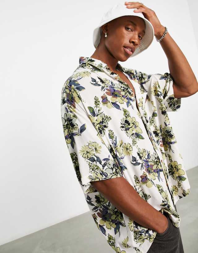 ASOS DESIGN boxy oversized shirt in neutral floral print