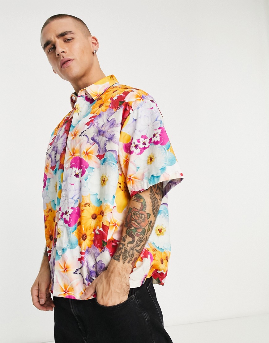 ASOS DESIGN boxy oversized shirt in photographic floral print-Multi
