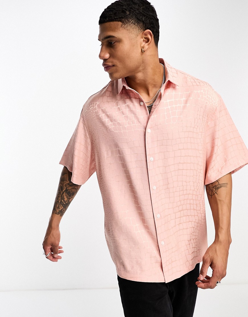 Asos Design Boxy Oversized Shirt In Pink Crocodile Jacquard