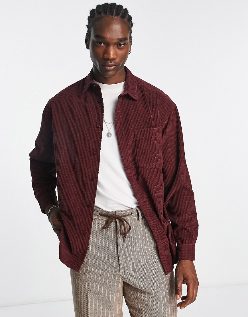 Asos Design Boxy Oversized Shirt In Plaid Cord In Berry-red