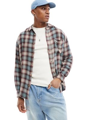 Asos Design Boxy Oversized Shirt In Purple And Blue Check With Patch Pockets