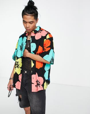 Asos Design Boxy Oversized Shirt In Linen Mix Spray Print-multi