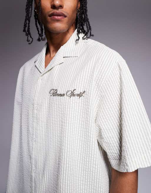 ASOS DESIGN boxy oversized shirt in striped seersucker in sage