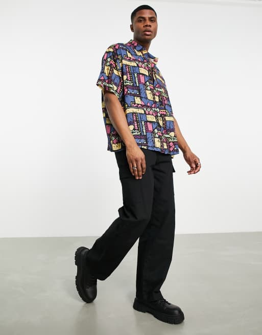 Asos Design Boxy Oversized Shirt In Linen Mix Spray Print-multi