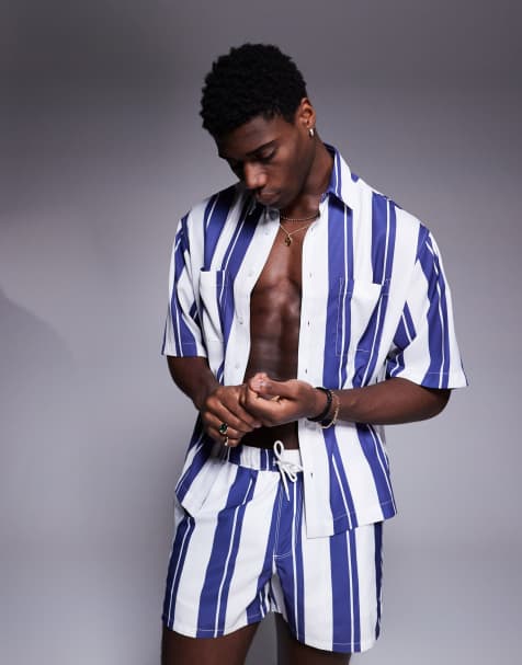 ASOS DESIGN boxy oversized shirt in white and blue stripe - part of a set - view 1