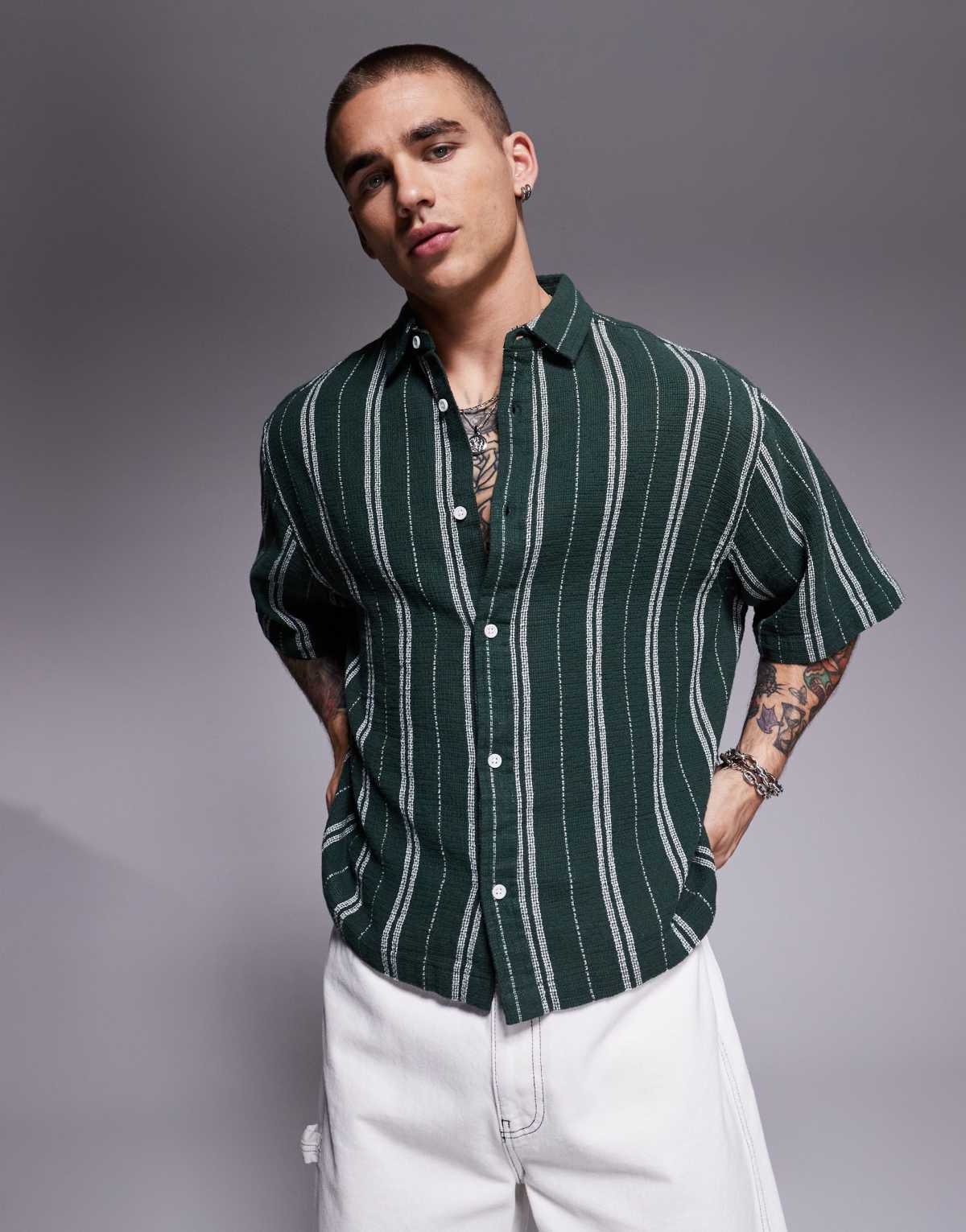 ASOS DESIGN boxy oversized shirt in white and green stripe