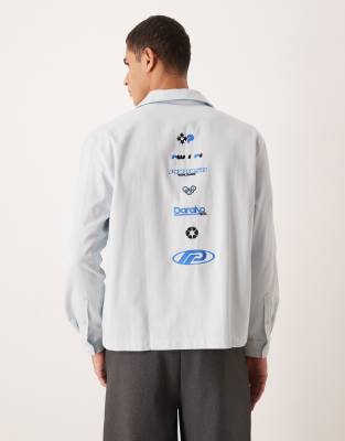 Asos Design Boxy Oversized Shirt With Back Embroidery In Gray