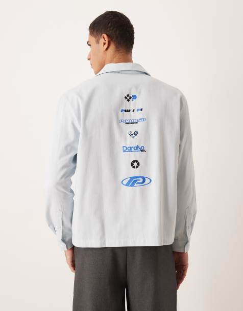 ASOS DESIGN boxy oversized shirt with back embroidery in blue