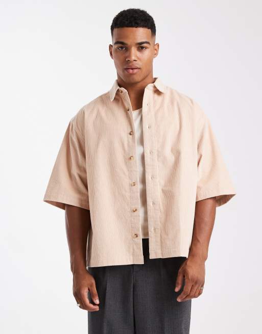 ASOS DESIGN boxy oversized shirt with badge in beige