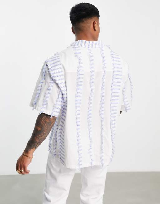 ASOS DESIGN boxy oversized shirt with blue and white fringe detail