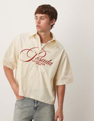 Asos Design Boxy Oversized Shirt With Chest Embroidery In Neutral