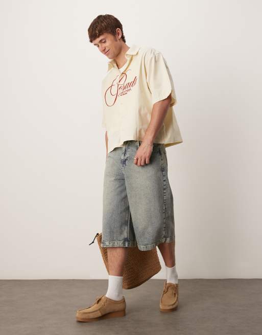 ASOS DESIGN boxy oversized shirt with chest embroidery in beige