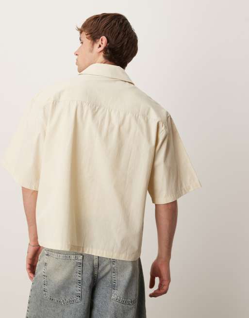 ASOS DESIGN boxy oversized shirt with chest embroidery in beige
