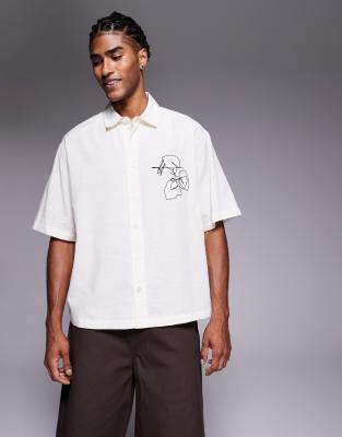 Asos Design Boxy Oversized Shirt With Chest Embroidery In White