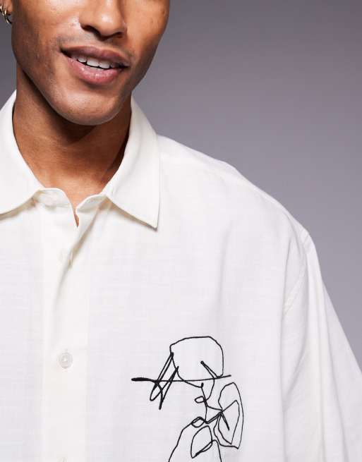 ASOS DESIGN boxy oversized shirt with chest embroidery in beige