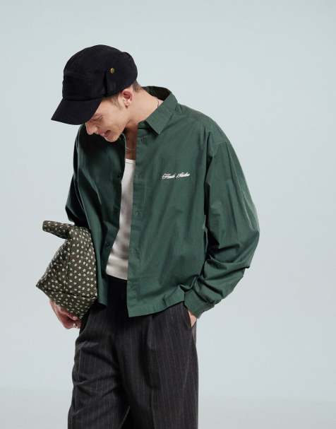 ASOS DESIGN boxy oversized shirt with chest embroidery in green - view 1