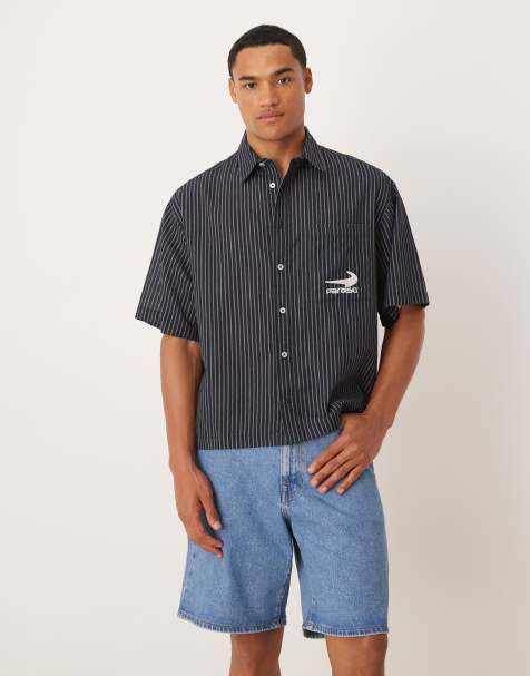 ASOS DESIGN boxy oversized shirt with chest embroidery in navy - view 1