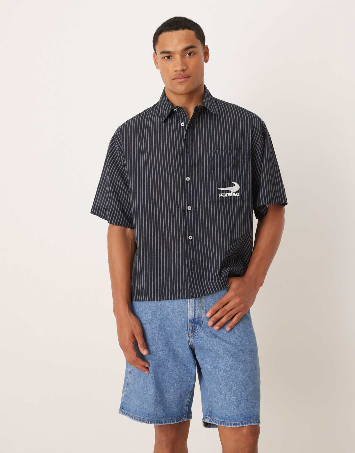 ASOS DESIGN boxy oversized shirt with chest embroidery in navy