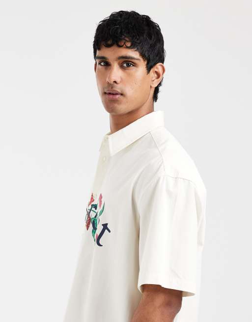 ASOS DESIGN boxy oversized shirt with chest print in beige, 4 of 5