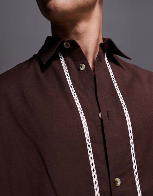 ASOS DESIGN boxy oversized shirt with crochet detail in brown, 3 of 4