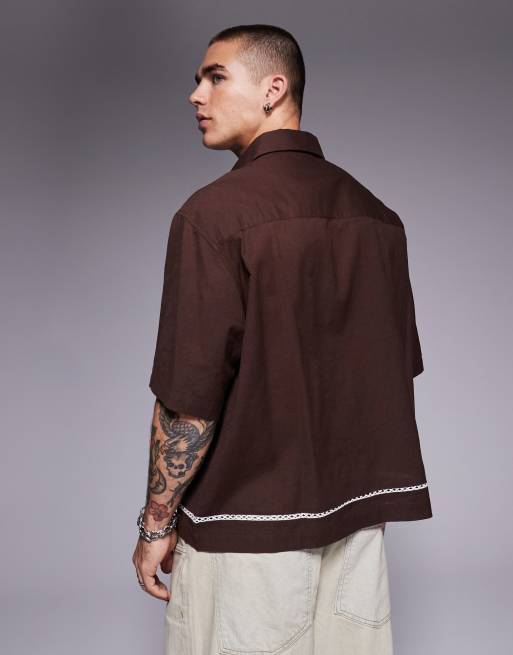 ASOS DESIGN boxy oversized shirt with crochet detail in brown, 4 of 4