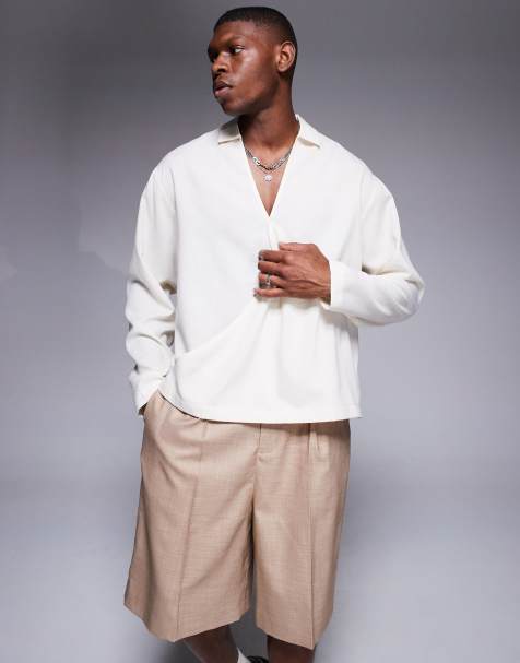 ASOS DESIGN boxy oversized shirt with draped cross over in stone - view 1