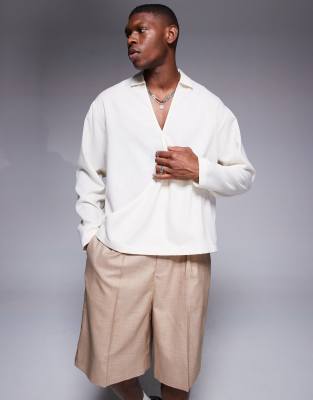 ASOS DESIGN ASOS DESIGN boxy oversized shirt with draper cross over in stone-Neutral