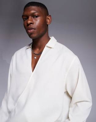 ASOS DESIGN boxy oversized shirt with draper crossover in stone