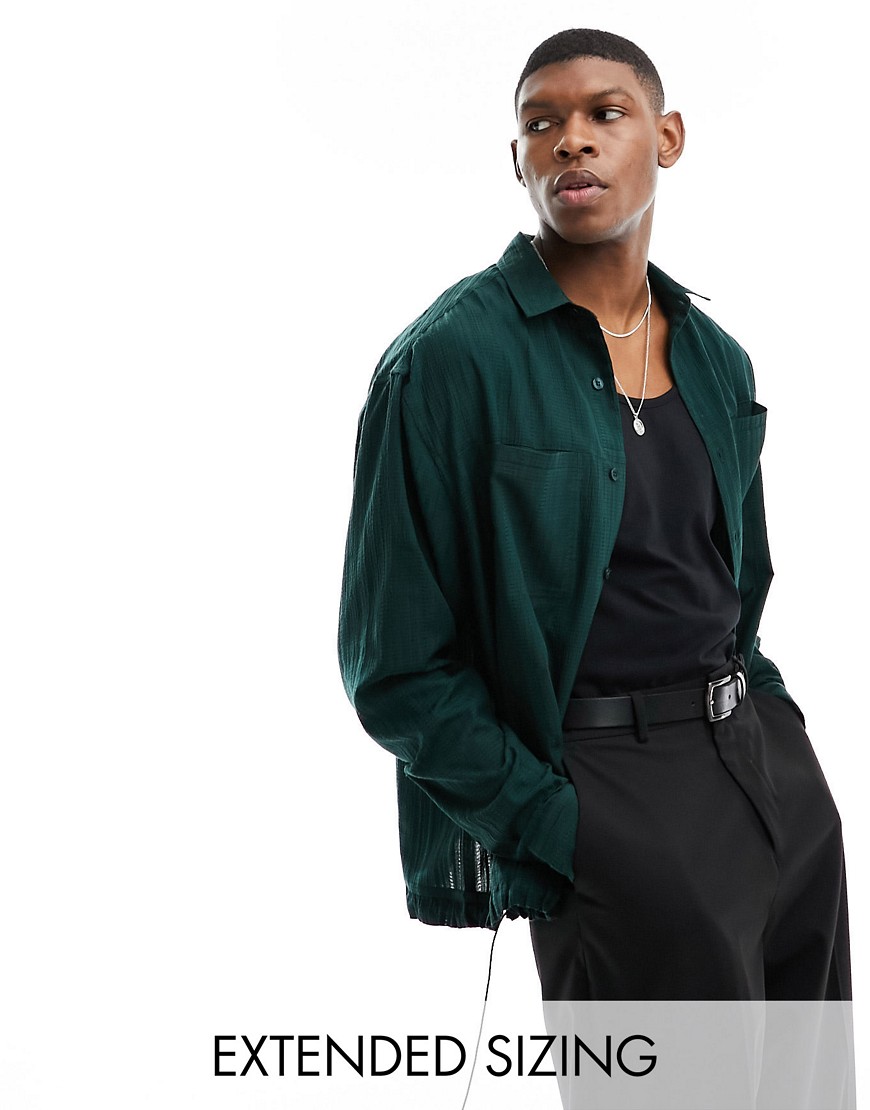ASOS DESIGN boxy oversized shirt with draw tie detailing in dark green